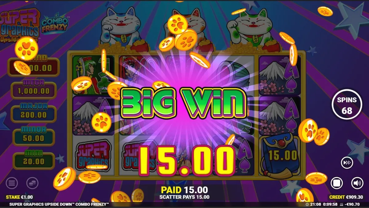 Tampilan antarmuka slot Super Graphics Upside Down di perangkat seluler dengan tema anime yang cerah