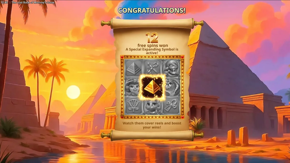 Tampilan visual slot The Lost Book of Mummy’s Curse dengan tema Mesir kartun